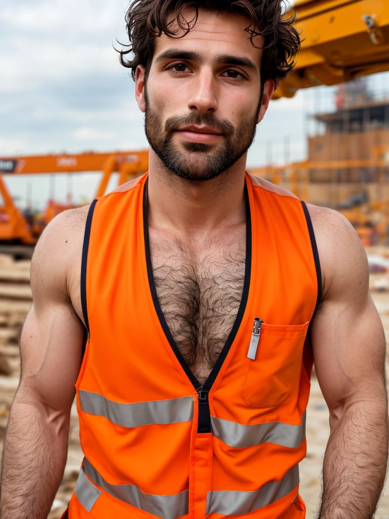 Italian man, masterpiece, best quality, high resolution, closeup portrait, male focus, solo focus, 30 years old, with construction worker uniform, unbuttoned work clothes, construction worker, black hair, messy hairstyle, cute and seductive face, bare chest, body hair, facial hair, roman nose, very skinny body, hairy legs, dimples, beard, bold jawline , in the background a construction site, kneeling, sweaty, sunburnt, orange safety vest, attractive, view from below, amazing composition, front view, HDR, ultra quality, elegant, highly detailed