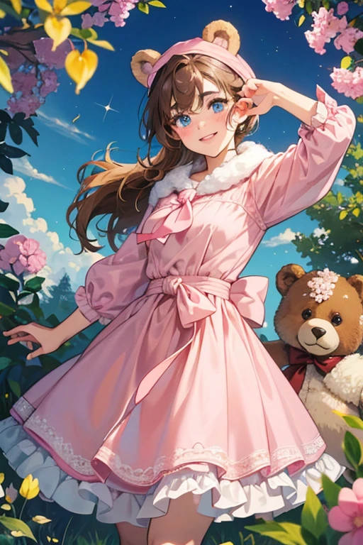 Bren Bear has almond skin with a brown nose and freckles. She has brown eyebrows, blue eyes, and pink lips. She has brown hair that parts above the left eye surrounding her bear ears and down to her waist. She has no tail. She has a blue gingham patterned dress with a blue band around the waste with yellow and pink flowers on the dress. Her look is augmented with a light brown fur stole. She has brown shoes with bear faces in the noses. She has a pink bandana wrapped around her head. SPARKLE; GLITTER