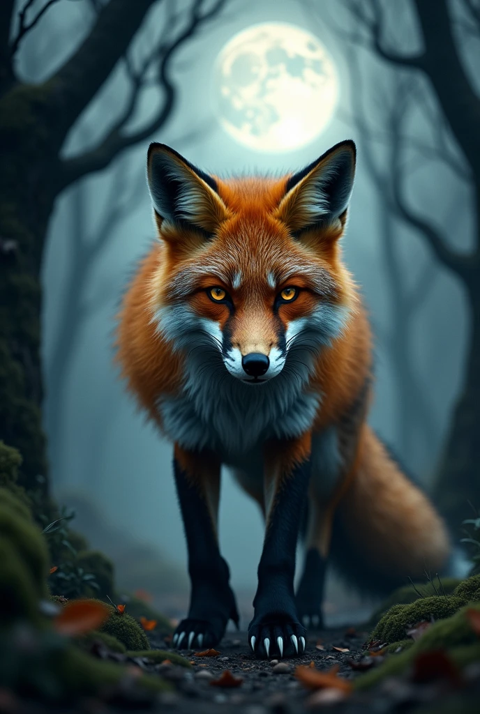 A fox with werewolf characteristics, Like sharp claws and gleaming eyes, Emerging from a shadowy forest. She could have a coat with a mixed pattern of orange and gray, Reflecting a fusion of the natural and supernatural. The background could include twisted trees and a full moon that partially illuminates the scene, Creating an atmosphere of mystery and menace.