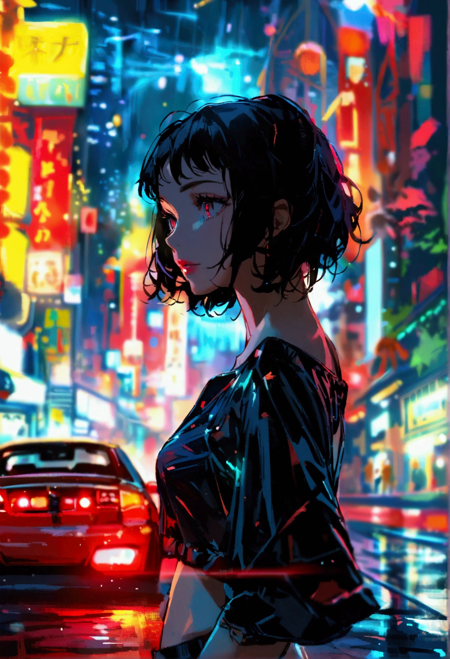 there is a beautiful women standing next to a red car, in the cyberpunk countryside, black hair, touge, drifters, night time, night, ambient