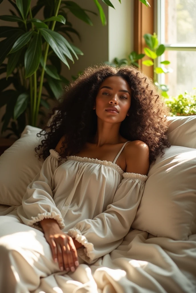 (photorealism:1.2), beautiful woman, sitting on bed, wearing loose off-shoulder top, pajama pants, long curly hair, indoors, soft lighting, plants in background, window with sunlight, cozy room, relaxed pose, realistic, intricate details, warm colors, by Greg Rutkowski, by Alphonse Mucha
