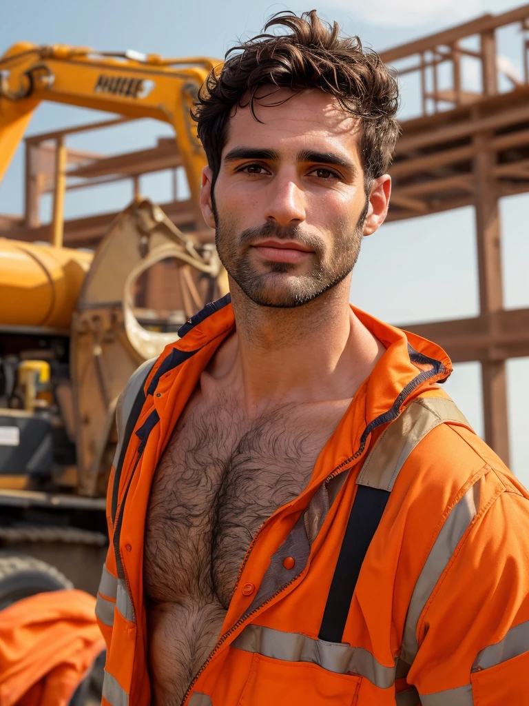 Italian man, masterpiece, best quality, high resolution, closeup portrait, male focus, solo focus, 30 years old, with construction worker uniform, unbuttoned work clothes, construction worker, black hair, messy hairstyle, cute and seductive face, bare chest, body hair, facial hair, roman nose, very skinny body, hairy legs, dimples, beard, bold jawline , in the background a construction site, kneeling, sweaty, sunburnt, orange safety vest, attractive, view from below, amazing composition, front view, HDR, ultra quality, elegant, highly detailed