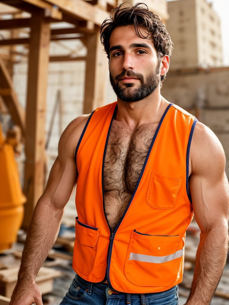 Italian man, masterpiece, best quality, high resolution, closeup portrait, male focus, solo focus, 30 years old, with construction worker uniform, unbuttoned work clothes, construction worker, black hair, messy hairstyle, cute and seductive face, bare chest, body hair, facial hair, roman nose, very skinny body, hairy legs, dimples, beard, bold jawline , in the background a construction site, kneeling, sweaty, sunburnt, orange safety vest, attractive, view from below, amazing composition, front view, HDR, ultra quality, elegant, highly detailed