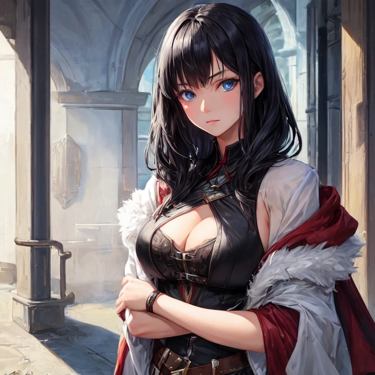 A beautiful assassin girl with black hair, blue eyes, and a very large chest.