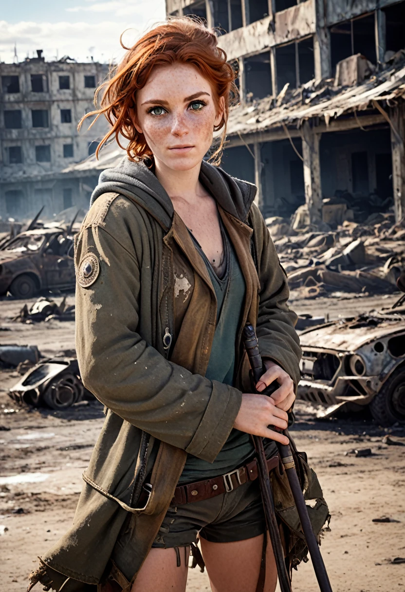 (Realistic:1.2), ultra detailed, modern analog style, photorealistic cute woman, chestnut hair, tattered outwear, post-apocalyptic, detailed face, beautiful eyes, (shy smile:0.7), freckles, holding a big staff, exhausted after another battle, dramatic, vibrant, sharp focus, looking directly to the camera, centered image, elegant, approaching perfection, hyper realystic, bokeh, cannon 6d, blured post-apocalyptic background