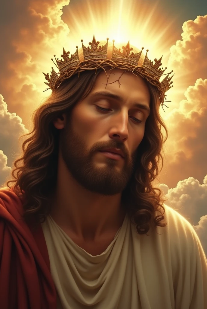 Jesus with a crown of thorns on his head, JesusChrist, the lord and savior, portrait of JesusChrist, Jesus of Nazareth, brilliant light masterpiece, jesus, greg olsen, king of kings, beautiful image already created, Bright halo above your head, sua mente contemplando a eternidade, glorious light, many crowns!! in his head