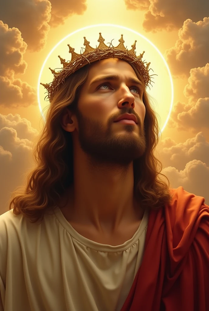 Jesus with a crown of thorns on his head, JesusChrist, the lord and savior, portrait of JesusChrist, Jesus of Nazareth, brilliant light masterpiece, jesus, greg olsen, king of kings, beautiful image already created, Bright halo above your head, sua mente contemplando a eternidade, glorious light, many crowns!! in his head