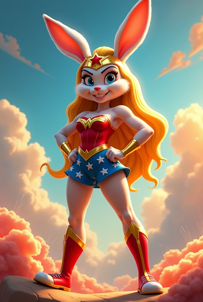 Have a lola buny adult from the luney toons with the full body wonder woman costume , humanoid form ( in 3d style)