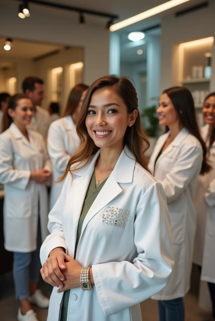 I NEED AN IMAGE SHOWING BEAUTY PROFESSIONALS (BETWEEN NURSES, pharmacists, BIOMEDICAL, beauticians, For example) EXCITED ABOUT THE PROFESSION, VERY EXCITED. PICTURE REALISTIC. SHOWING IMAGES OF PROCEDURES WITH CLIENTS, INSIDE A BEAUTY CLINIC. DRESSED IN A VERY CHIC LAB COAT WITH BEAUTIFUL AND MINIMALIST STONES.