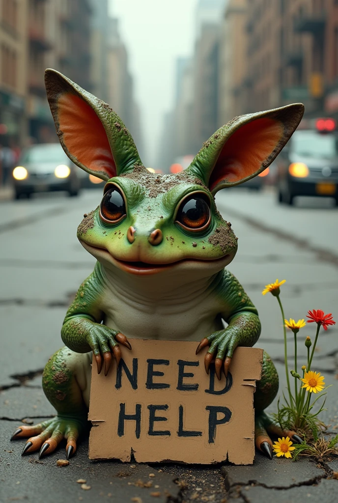 Homeless dirty toad doe looks like a bum on roadside begging for money in realistic style