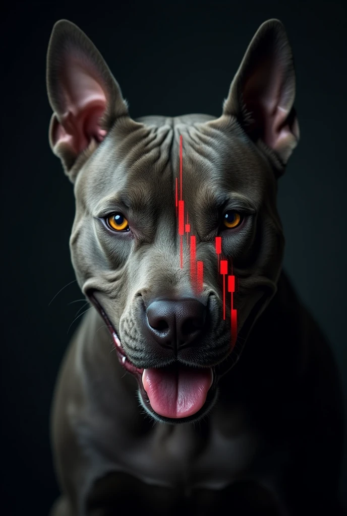 The image shows a pitbull head with a fierce and aggressive look. The left half of the head is normal, with a gray fur and menacing eyes. The right half of the head is made up of trading candles, with red and green candles rising and falling in an uptrend line. The candles are designed to look like sharp teeth, adding an aggressive touch to the image. The background is dark and minimalist, to focus attention on the pitbull's head and the trading candles.