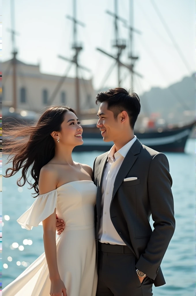 Image for the cover of a romance book with the background being a ship harbor. one man and one woman, the woman has black hair slightly wavy at the ends that fly because of the sea breeze from the harbor and almond-shaped eyes and wears a tight white dress on her small bust that she has a low neckline but small breasts, and it goes up to just above the knee, the simple white dress, the man is taller than her and is wearing a very elegant graphite suit, both look forward and smiling