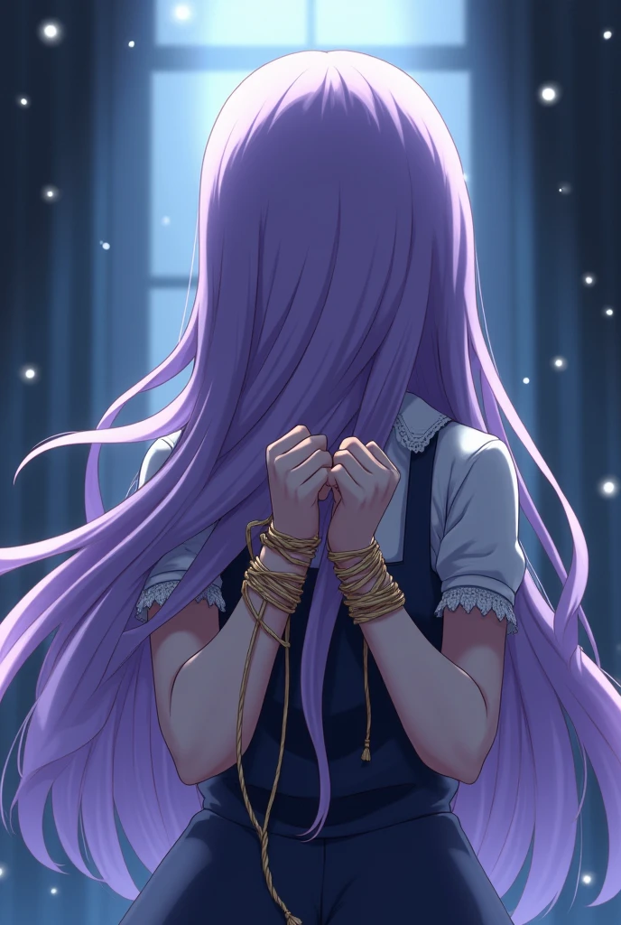 Anime girl wrists tied up with ropes view from behind