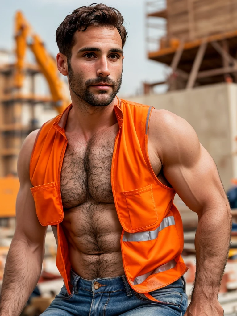 Italian man, masterpiece, best quality, high resolution, closeup portrait, male focus, solo focus, 30 years old, with construction worker uniform, unbuttoned work clothes, construction worker, black hair, messy hairstyle, cute and seductive face, bare chest, body hair, facial hair, roman nose, very skinny body, hairy legs, dimples, beard, bold jawline , in the background a construction site, kneeling, sweaty, sunburnt, orange safety vest, attractive, view from below, amazing composition, front view, HDR, ultra quality, elegant, highly detailed