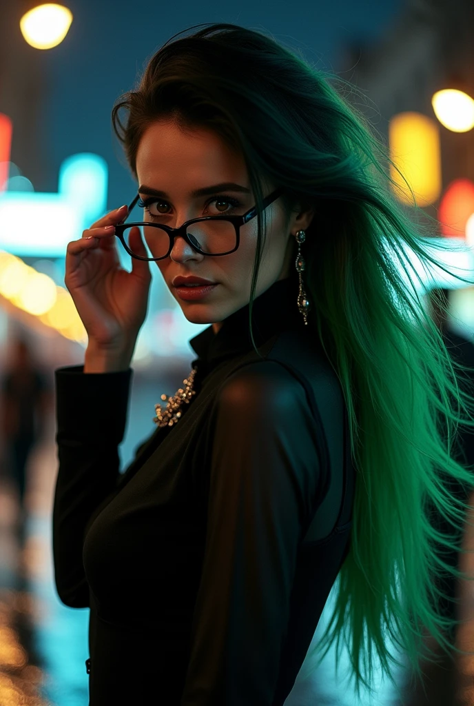 woman with dark hair with mostly green hair, with glasses and dark clothes
