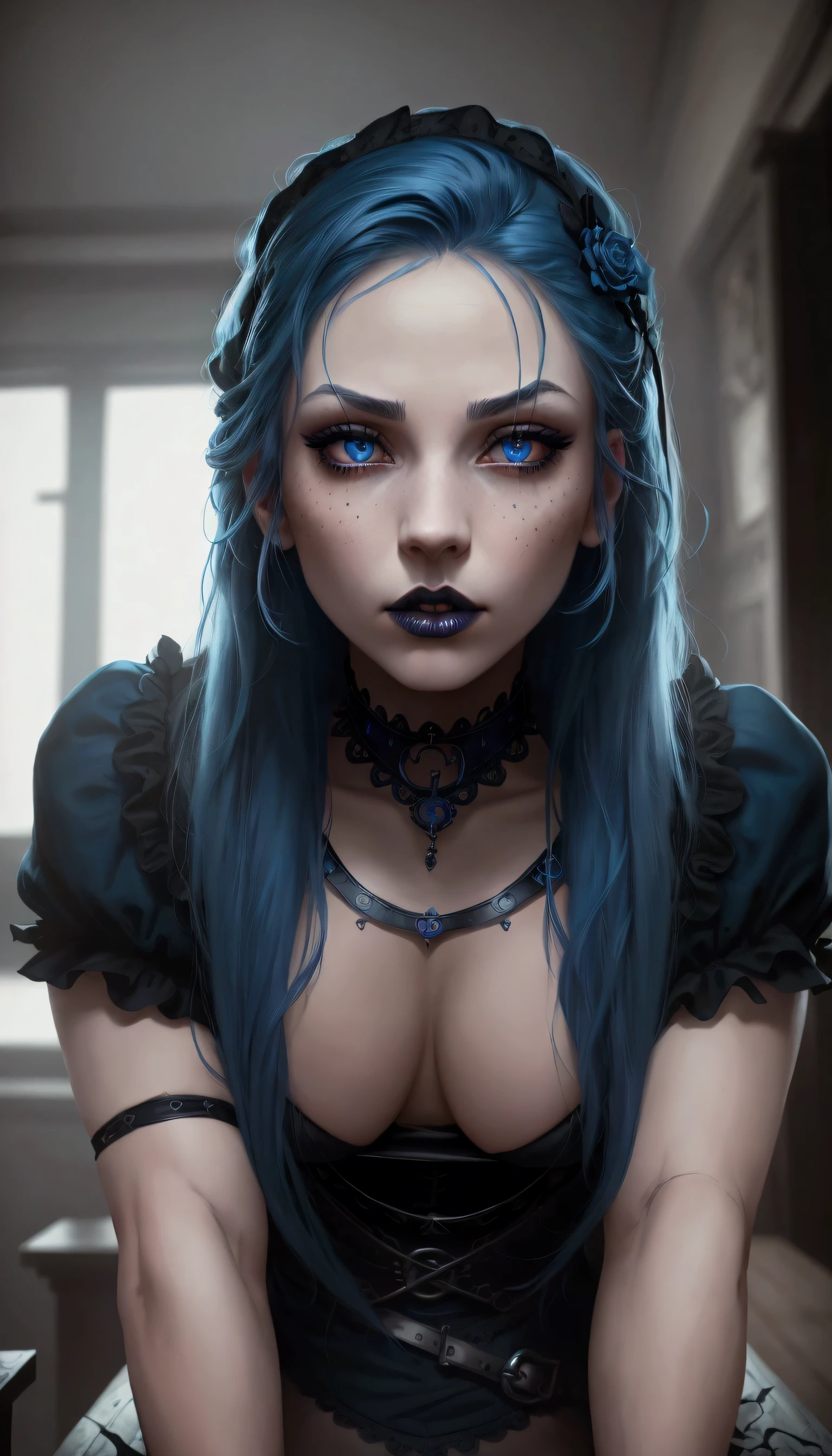 a gothic girl with long blue hair, detailed face, large breasts, beautiful blue eyes, delicate facial features, intricate makeup, choker necklace, corset top, detailed clothing, dramatic lighting, cinematic composition, dark moody atmosphere, muted color palette, dramatic shadows, digital art, 8k, best quality, highly detailed, photorealistic