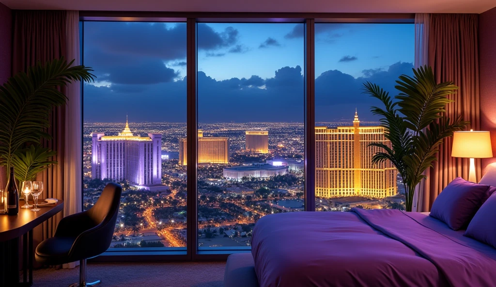 Panoramic Night View of Las Vegas City from a Room, beautiful crystals, Soft and Romantic atmosphere, Sophisticated and modern decoration, luxury bed, night to rest, and dark atmosphere at dawn, green plants, purple sheets, table with glasses and a bottle of wine, cloudy sky, buildings with yellow lights