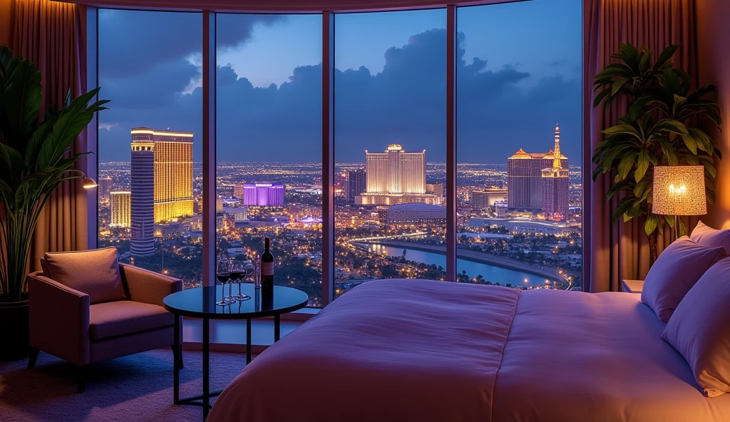 Panoramic Night View of Las Vegas City from a Room, beautiful crystals, Soft and Romantic atmosphere, Sophisticated and modern decoration, luxury bed, night to rest, and dark atmosphere at dawn, green plants, purple sheets, table with glasses and a bottle of wine, cloudy sky, buildings with yellow lights