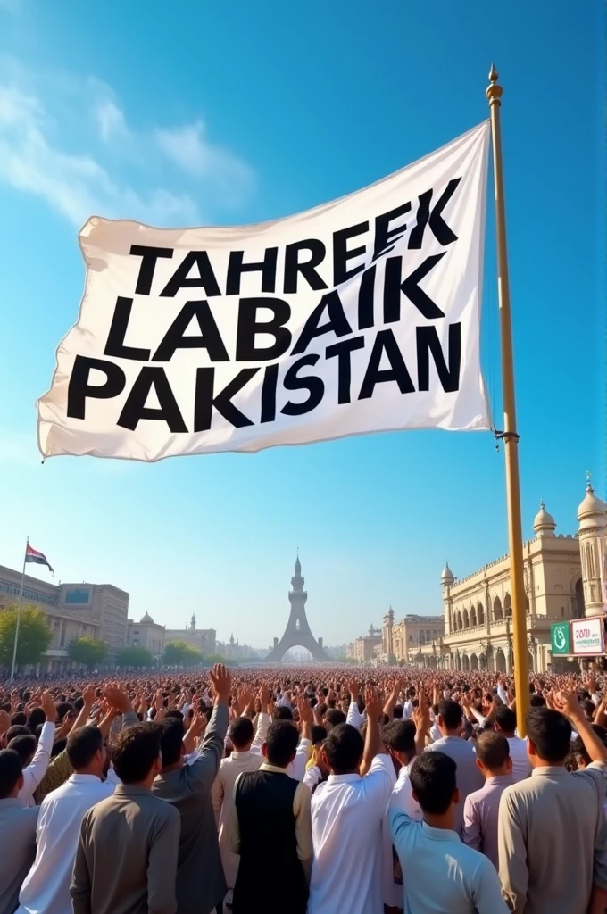 Create picture A large white flag And Wrote it TAHREEK LABAIK PAKISTAN Stand with 20099 Mens