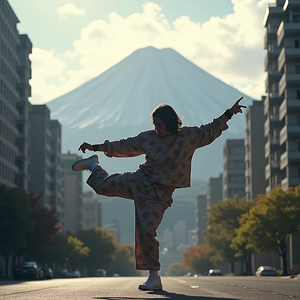 Japanese Bboy wearing hip hop clothes, performing a radical breakdance in front of the urban buildings of the Tokyo metropolis, with the volcano in sharp focus and the background blurred, creating a cinematic atmosphere. The bboy's pose should convey strength and dynamism, contrasting with the serenity of the mountain. dramatic lighting, with sun rays hitting the bboy and Mount Fuji, Enhancing the Scene. Visual Style: アニメ, cinematographic, realisitic.