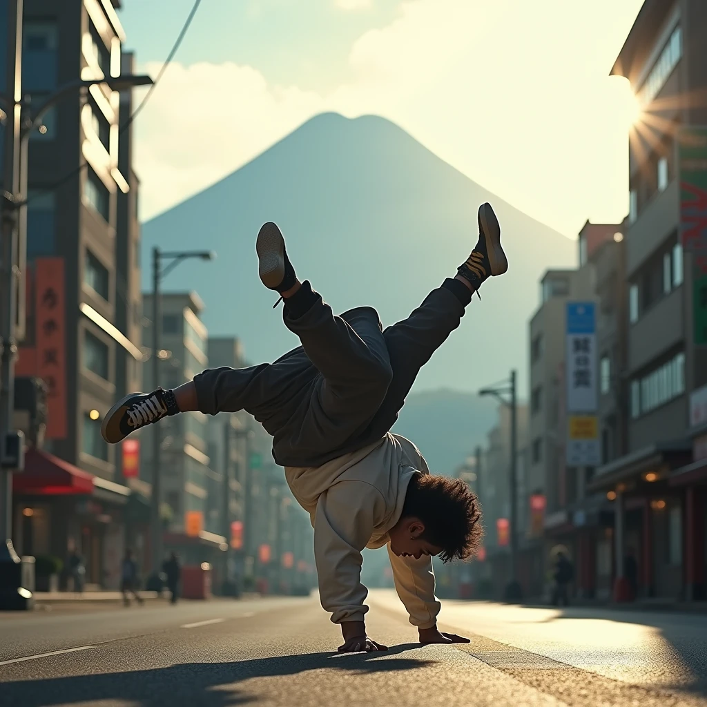 Japanese Bboy wearing hip hop clothes, performing a radical breakdance in front of the urban buildings of the Tokyo metropolis, with the volcano in sharp focus and the background blurred, creating a cinematic atmosphere. The bboy's pose should convey strength and dynamism, contrasting with the serenity of the mountain. dramatic lighting, with sun rays hitting the bboy and Mount Fuji, Enhancing the Scene. Visual Style: アニメ, cinematographic, realisitic.