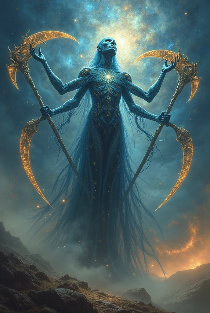 create a mystical being with blue and gold transparent skin as power over all possible universes exuding dark power with 4 arms and a double scythe 
