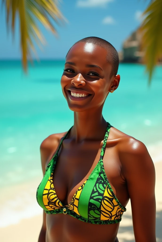 (photorealism:1.2), African woman with shaved head, smiling in Jamaican themed bathing suit 