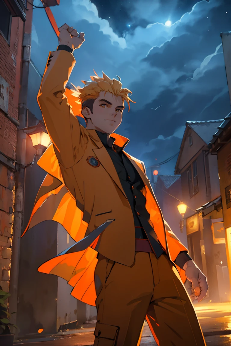 masterpiece, best quality, 1men, undercut hair, orange hair, dance in the night lights, orange eyes, heavenly clouds, prince orange suit, raytracing, dancing pose, perfect, 16K.