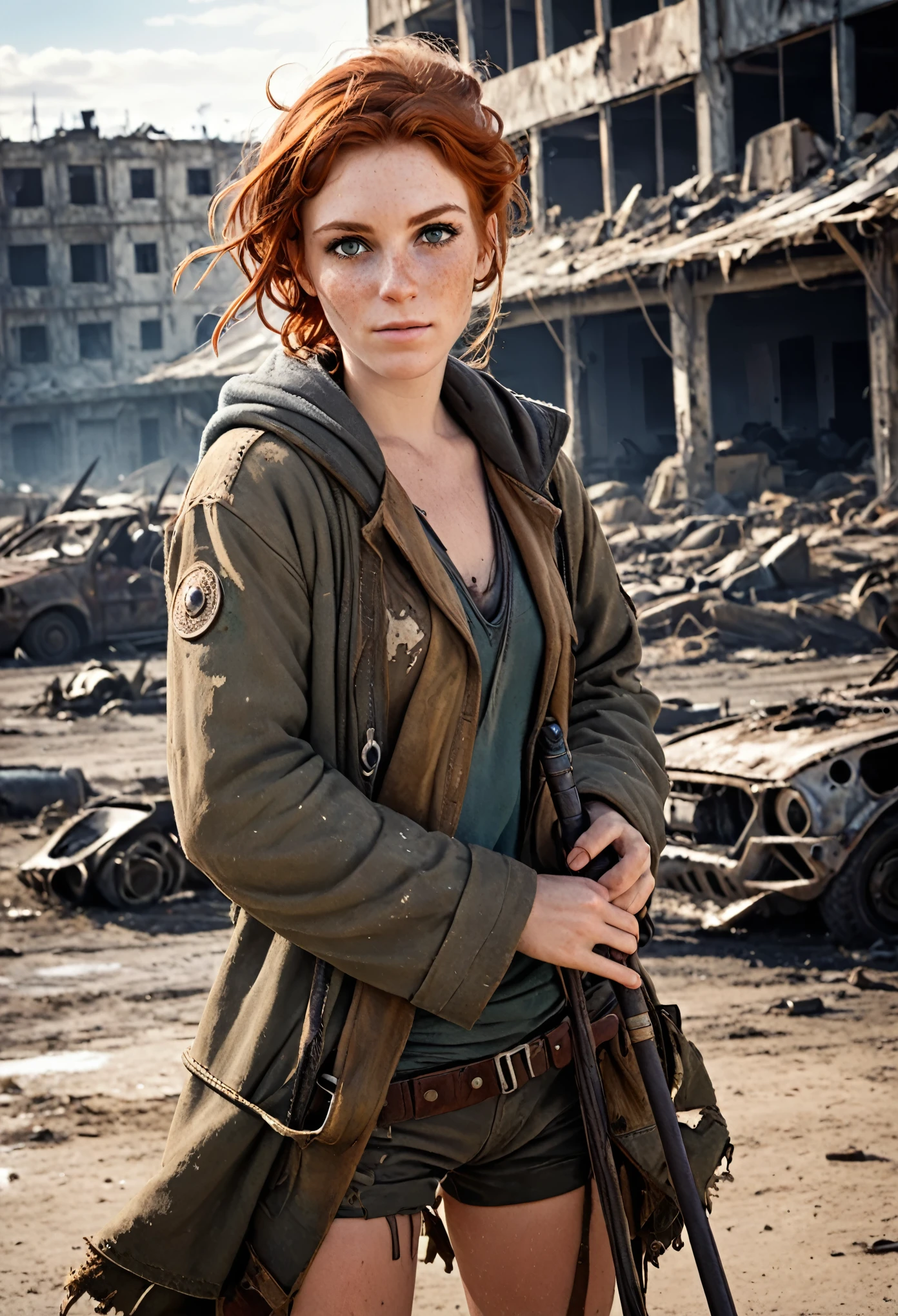 (Realistic:1.2), ultra detailed, modern analog style, photorealistic cute woman, chestnut hair, tattered outwear, post-apocalyptic, detailed face, beautiful eyes, (shy smile:0.7), freckles, holding a big staff, exhausted after another battle, dramatic, vibrant, sharp focus, looking directly to the camera, centered image, elegant, approaching perfection, hyper realystic, bokeh, cannon 6d, blured post-apocalyptic background 