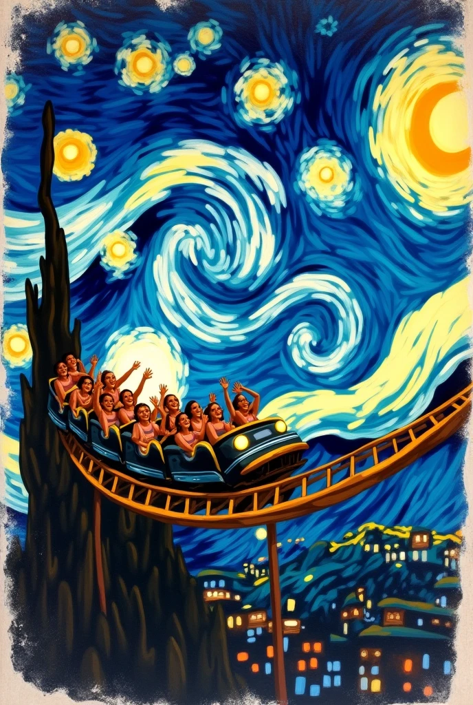 I want a polaroid design of a roller coaster doing a loop with Van Gogh's Starry Night