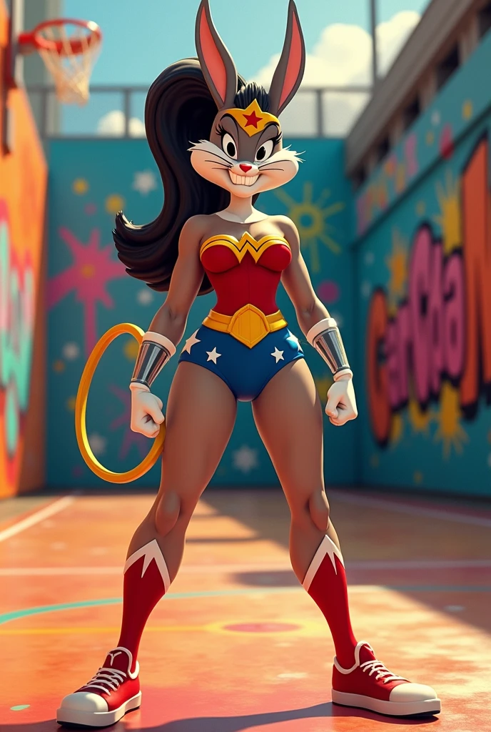 Have a lola buny adult from the luney toons with the full body wonder woman costume , humanoid form ( in the style of Space Jam) 