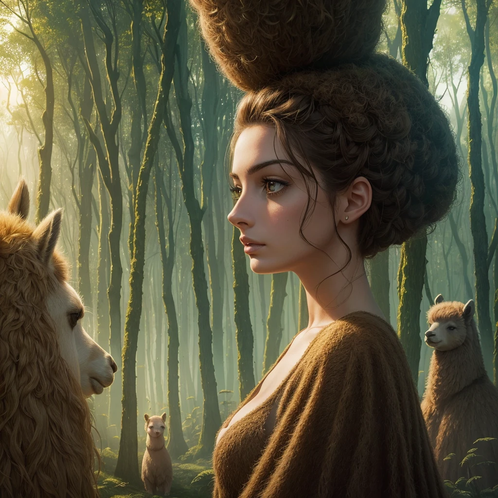 golden hour, paranormal activities, surreal illustration of a gigantic head of a beautiful young woman with face of Janina Porazińska morphed with Anne Hathaway with gigantic hairdo made of alpaca hedgehog and other animals, a colorful cyber forrest with weird trees, color pencil art in cyberpunk style of zdzisław beksiński