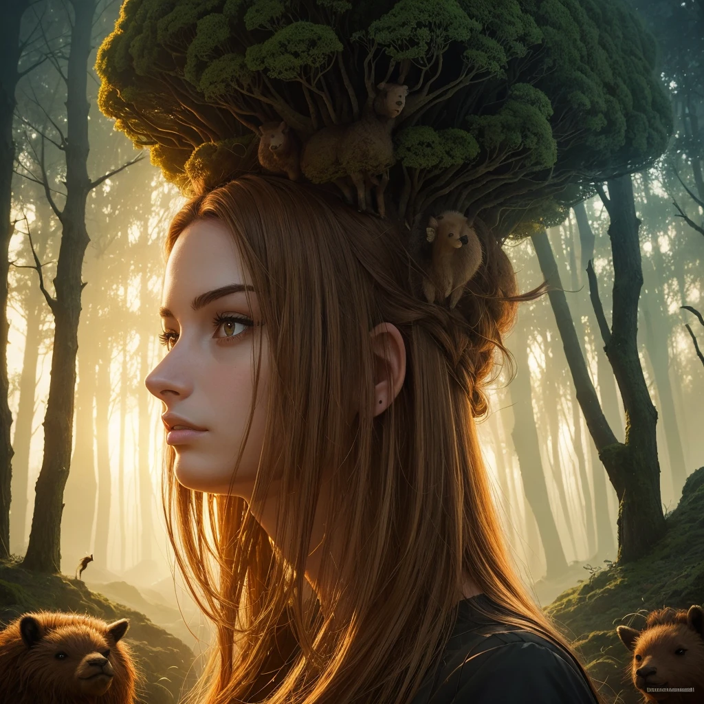 golden hour, paranormal activities, surreal illustration of a gigantic head of a beautiful young woman with face of Janina Porazińska morphed with Anne Hathaway with gigantic hairdo made of alpaca hedgehog and other animals, a colorful cyber forrest with weird trees, color pencil art in cyberpunk style of zdzisław beksiński