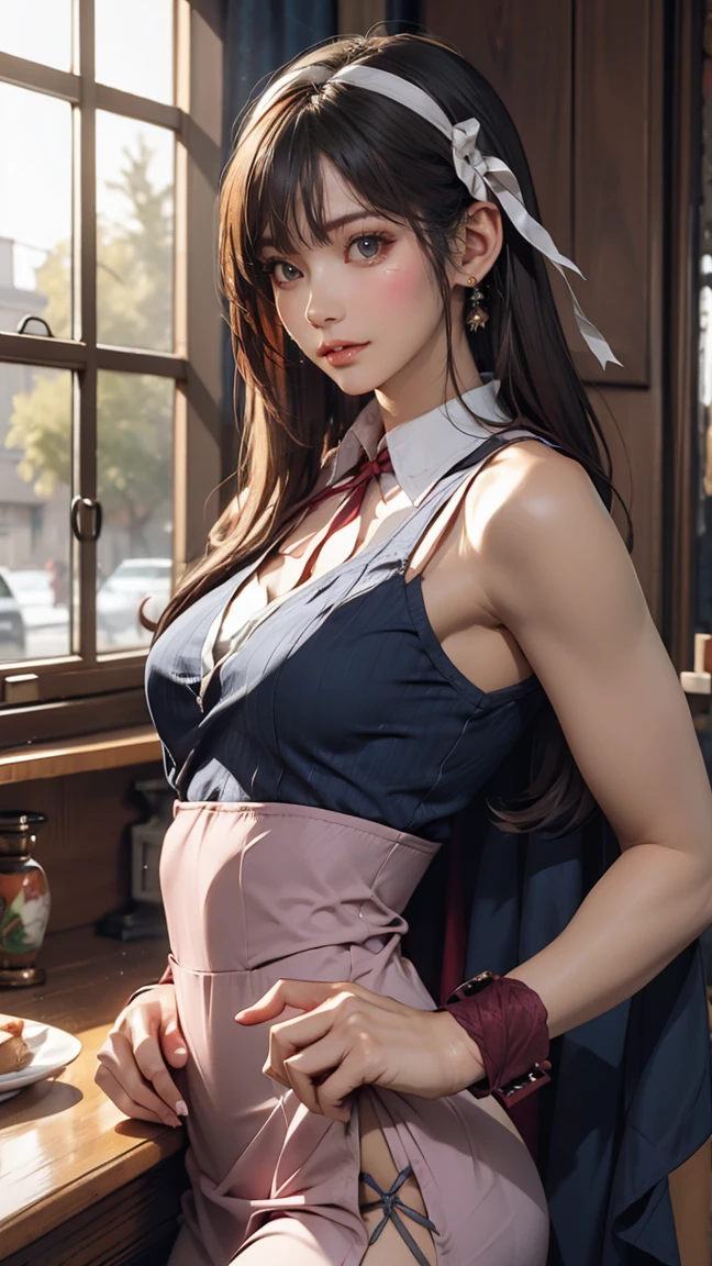 19-year-old woman、Hair color is a gradation of brunette and purple、Eye color is blue、Longhaire、hair is wavy、wears hair in a chignon、wearing eye shadow and lipstick、Slender but well-proportioned muscular body、a smile、huge tit、wearing a dress shirt and a tie、is a nude woman、a smile