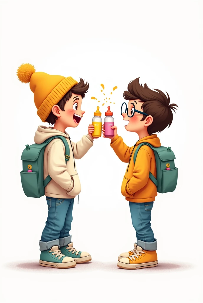 A drawing of two people toasting with baby bottles against a white background

