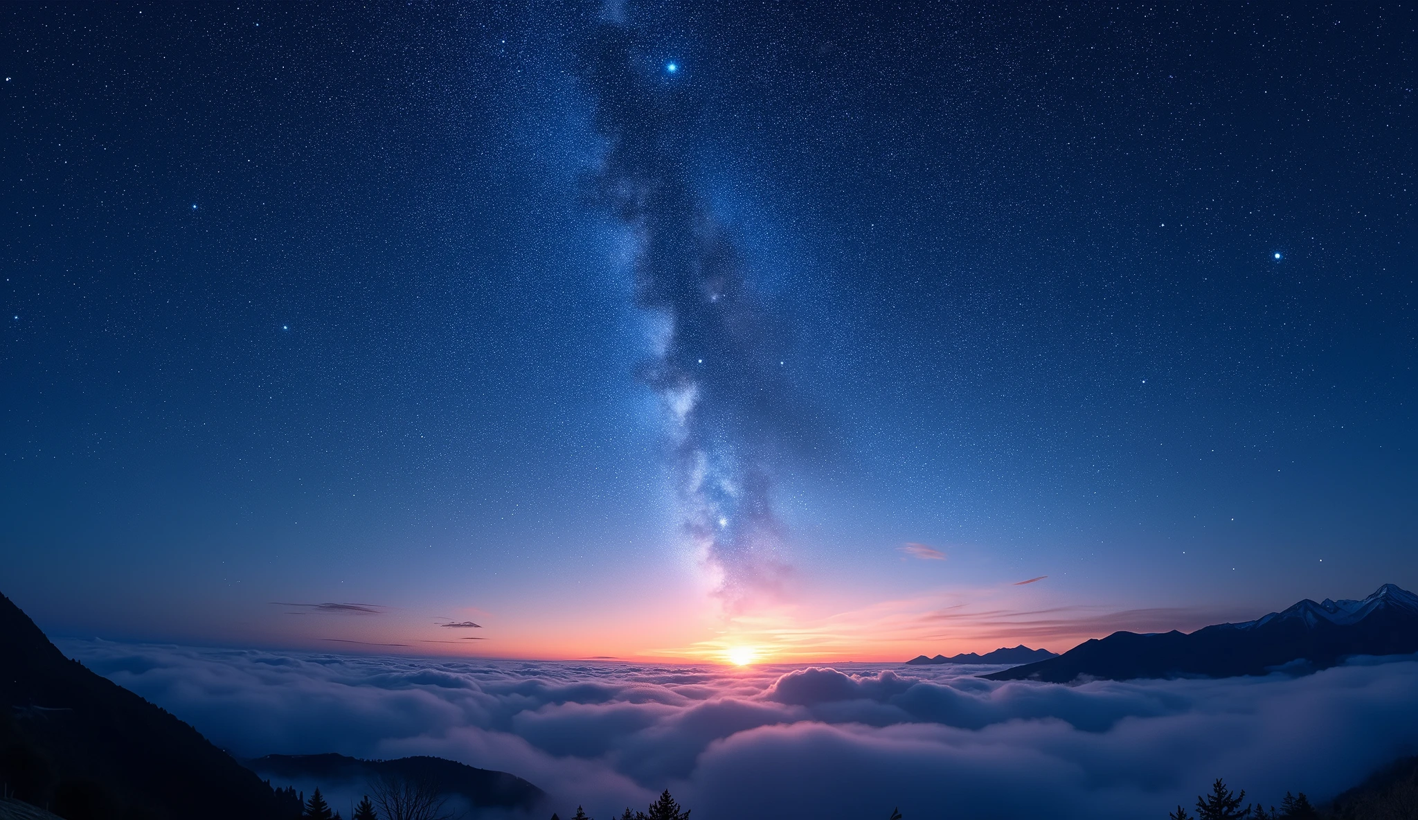 a beatiful sky picture, big glowy stars, glowing stars, blue stars, flares, night with stars in the top, sunset with clouds in the bottom, montains in the distant view, concept art, sharp focus, digital art, cinematic lighting, fisheye, from above, lens flare, from above, atmospheric perspective, from above, panorama, perspective, lens flare, super detail, high quality, 8k, best quality