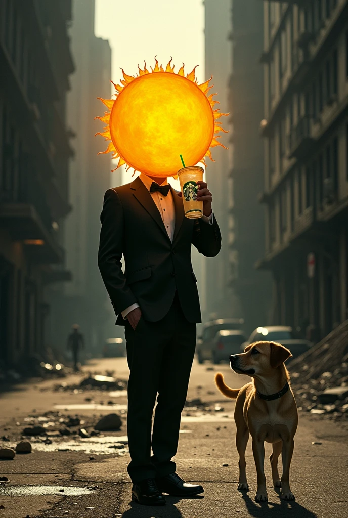 Dark city with a sun dressed in a suit sipping lemonade from a clear Starbucks cup accompanied by a dog that only has three legs