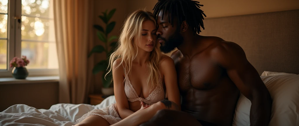 ((Photorealsitic:1.4)), (masterpiece:1.3), (top-quality:1.4), (ultra realistic sexy well proportioned), full body of
((innocent and (sexy) little 25 years woman) and
(very tall ((muscular)) black man )),
man lycra black briefs, powerful jaw, dreadlocks, detailed medium dreadlocks, dominant, big muscular arms, wide chest, narrow waist, strong legs, clean face, dangerous man,
woman subtle anticipation smile, ((extremely irish pale skin)) , naked pink nipples, (detailed nipples), (subtle Eye makeup, mascara), ((thin small lips)), ((blonde glamorous medium hair)), ((glamorous Stylish hairstyle)) , ((((big) rounded) deep blue eyes)), subtle narrow jaw, (Natural medium breasts), Beautiful bangs, Glowing white shiny skin, Bangs that extend to the face, tight body, tonned abs,
(cozy night bedroom),
alternative vibe,vibrant lighting, high contrast,dramatic shadows,highly detailed,detailed skin,depth of field,dynamic angle,glimmer lighting, film grain,
woman (white plane gauze translucid gown, pink undies)
man lycra thong,
man sit at the bed, woman sit on lap with open legs around his waist, looking at her with desire, looking him with anticipation, his hand on her hips, sexy bite lips , 5 toes, perfect feet, passionate pose, perspective, perfect body, visually showing the difference in sizes