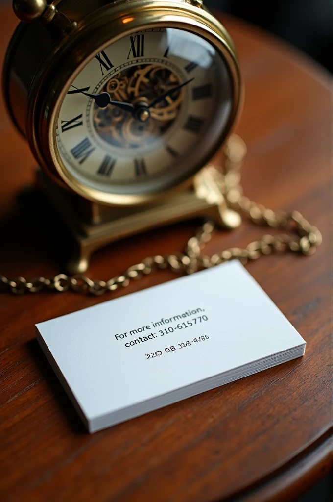 Business card of and clock under a chain and that says more information to the number 310615470
