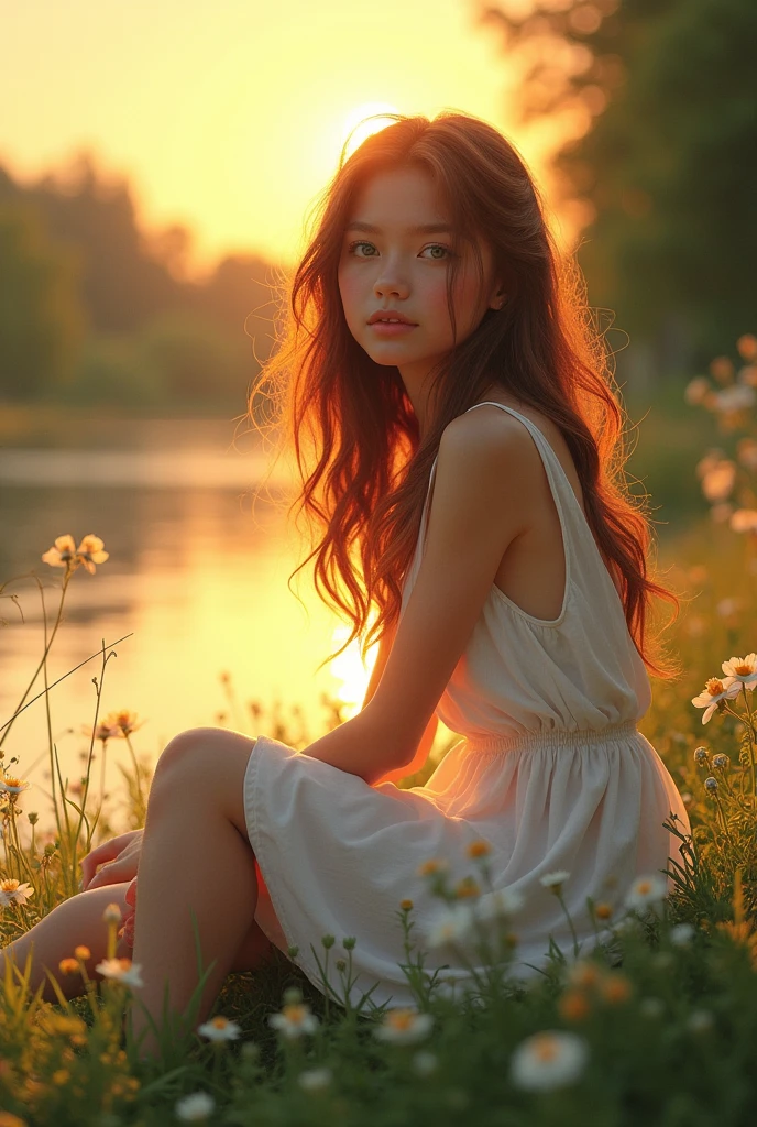 A beautiful girl sitting on the ground near river side