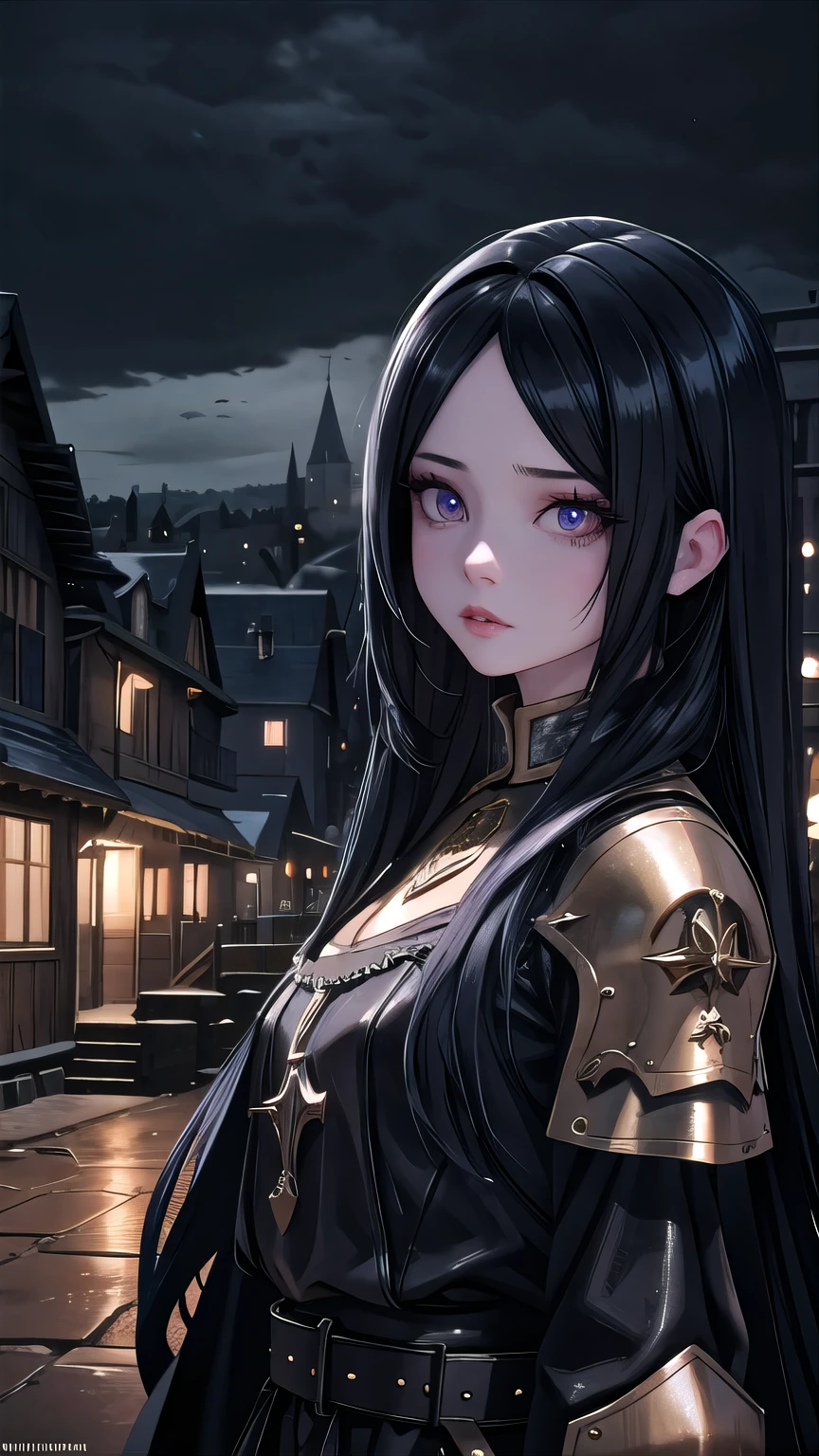 a girl with long amber hair,beautiful detailed eyes,beautiful detailed lips,extremely detailed eyes and face,longeyelashes,medieval suburb,houses in the background,evening,dramatic lighting,cinematic color palette,moody atmosphere,photorealistic,8k,best quality,masterpiece,cinematic,hyperrealistic