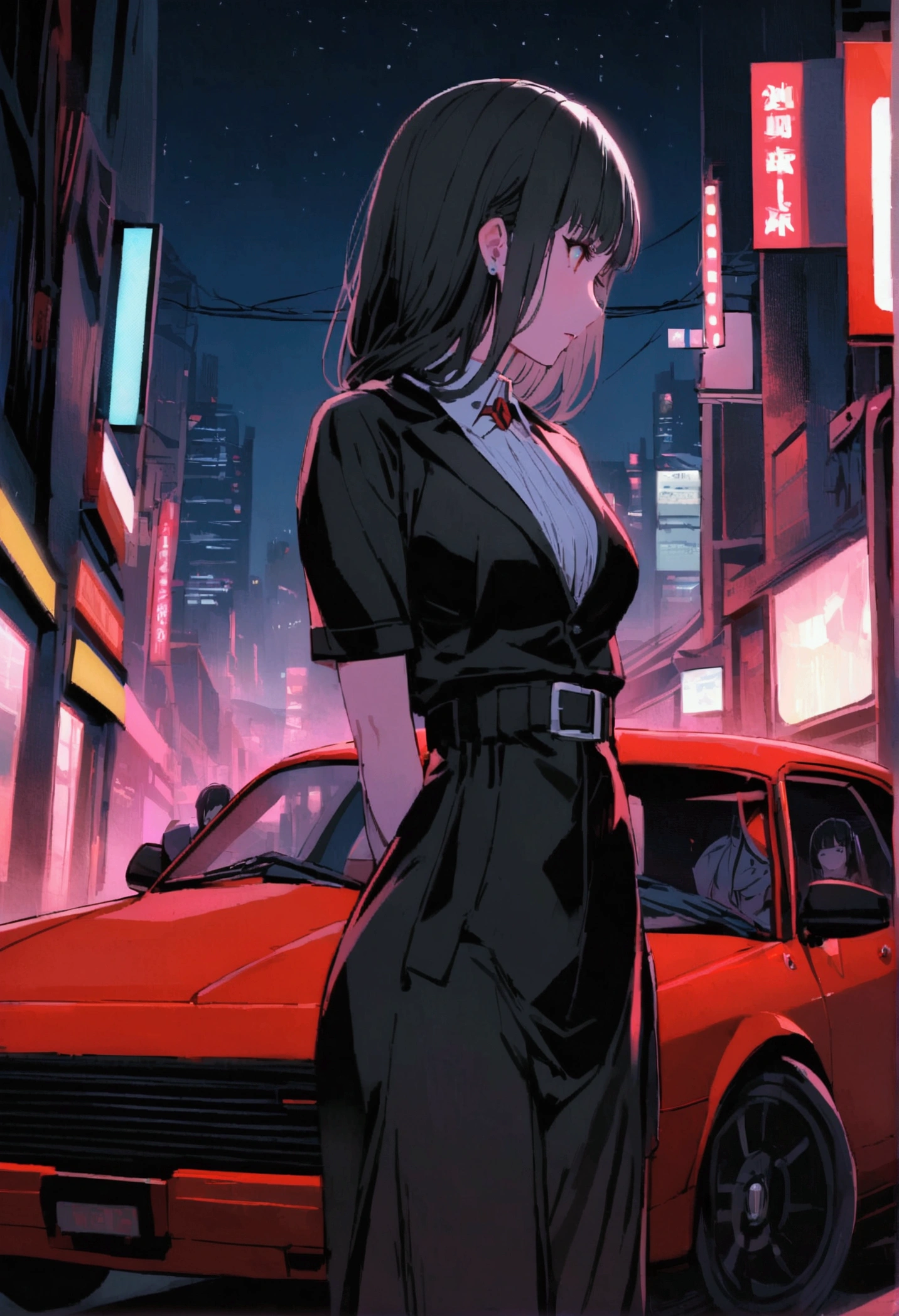 there is a beautiful women standing next to a red car, in the cyberpunk countryside, black hair, touge, drifters, night time, night, ambient