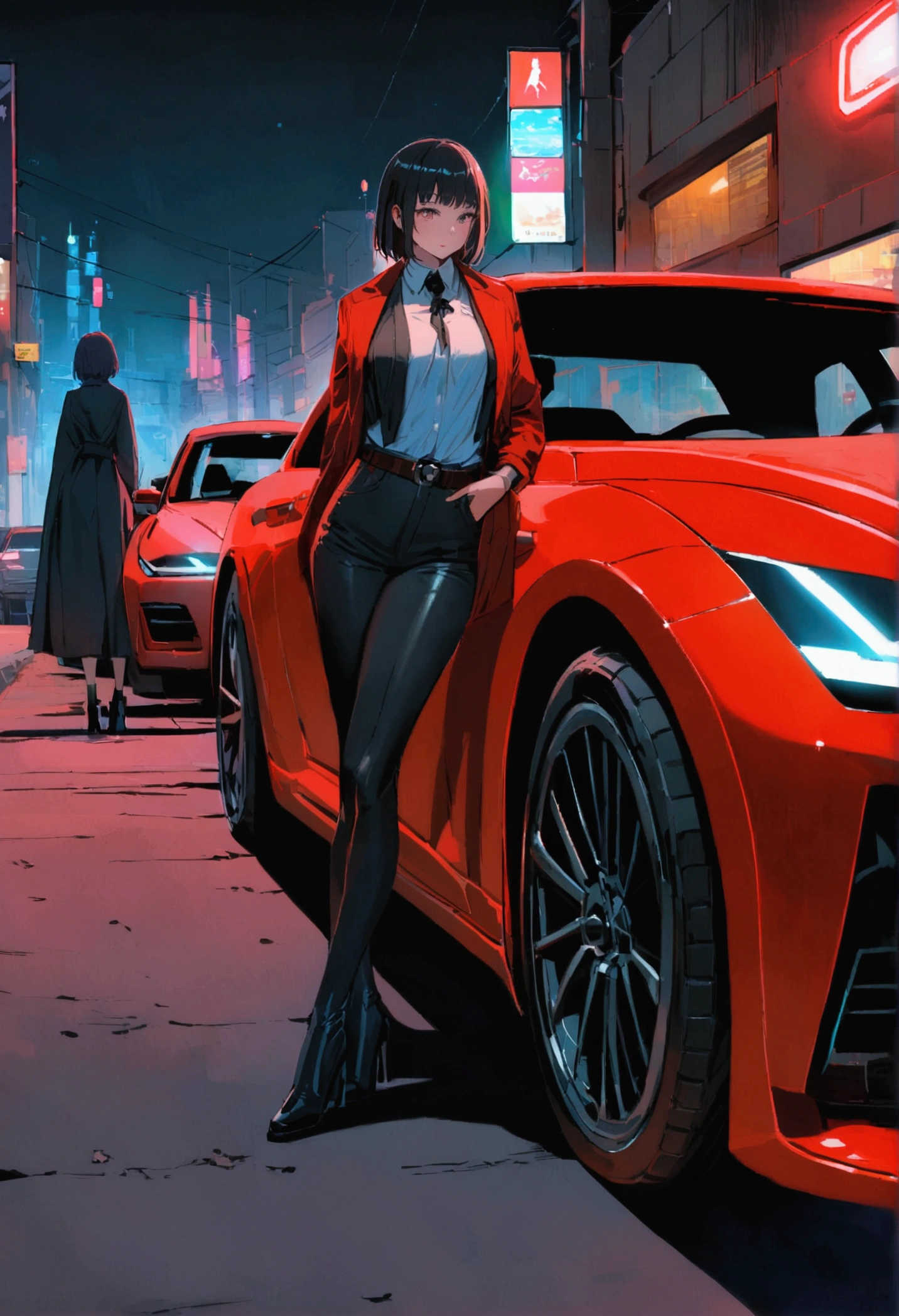 there is a beautiful women standing next to a red car, in the cyberpunk countryside, black hair, touge, drifters, night time, night, ambient