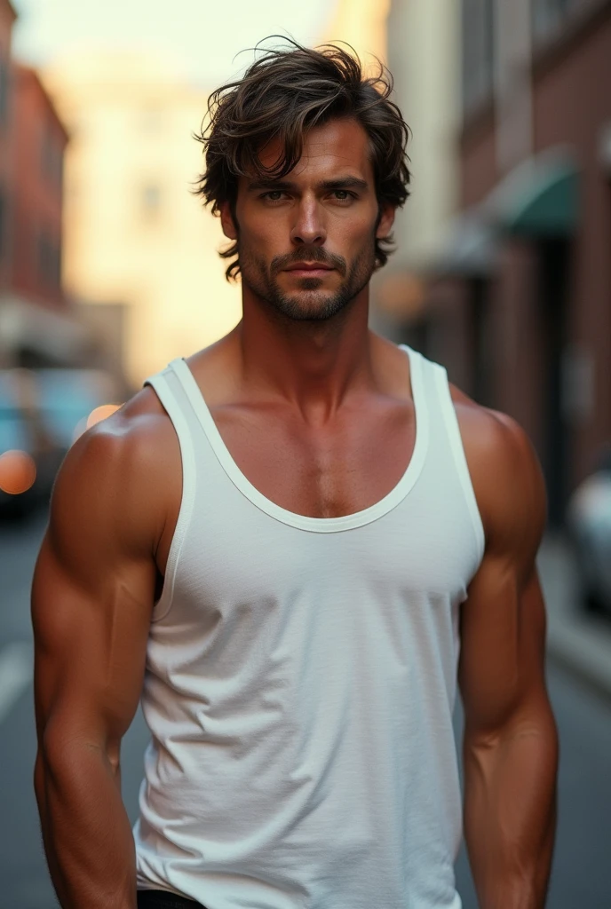 Handsome Sam Winchester, Wearing a white tank top showing muscular arms, serious face, selfie