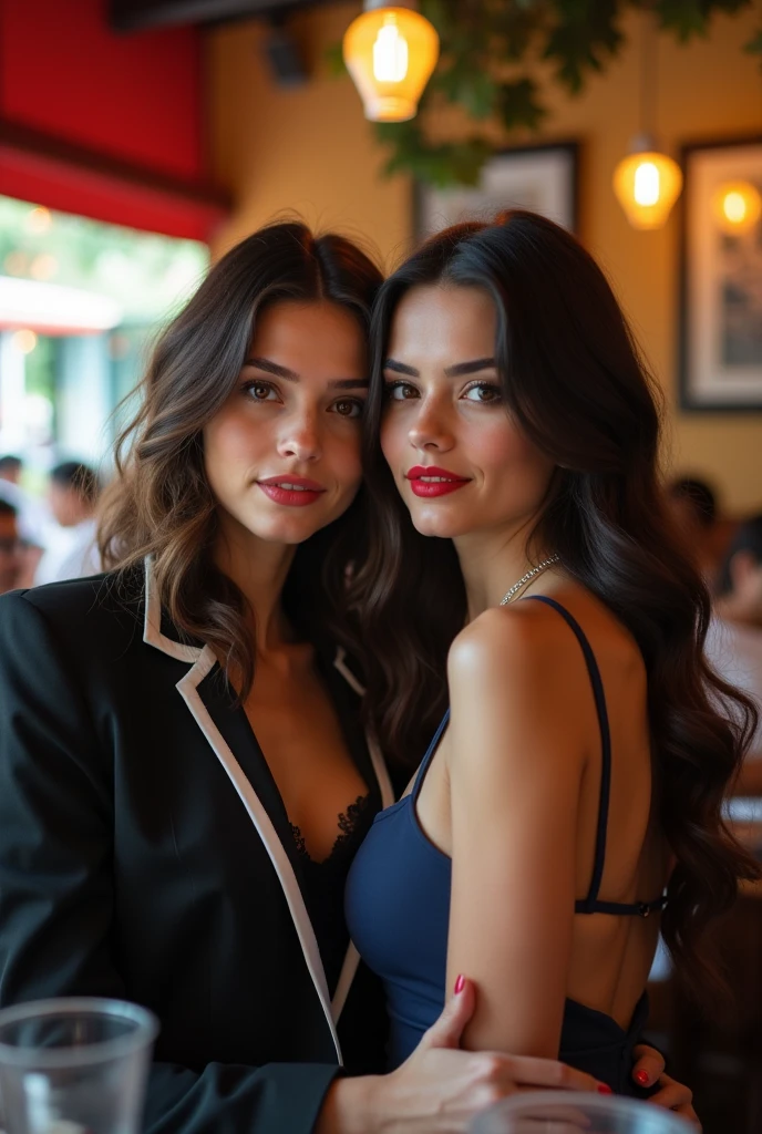 A young Italian woman, Her hair is wavy and slightly voluminous, shoulder-length light brown. His eyes are almond-shaped and brown. Her good is small and well-contoured and her makeup is light. She's wearing a red lipstick that looks very sexy on her. She's wearing a sexy black and white suit, her jacket is unbuttoned at the bust.. She is with her girlfriend, She is wearing a plain dark blue dress with thin straps and a low-cut neckline.. Your skin is white, She's very pale. her eyes are blue and her hair is long, wavy and black.