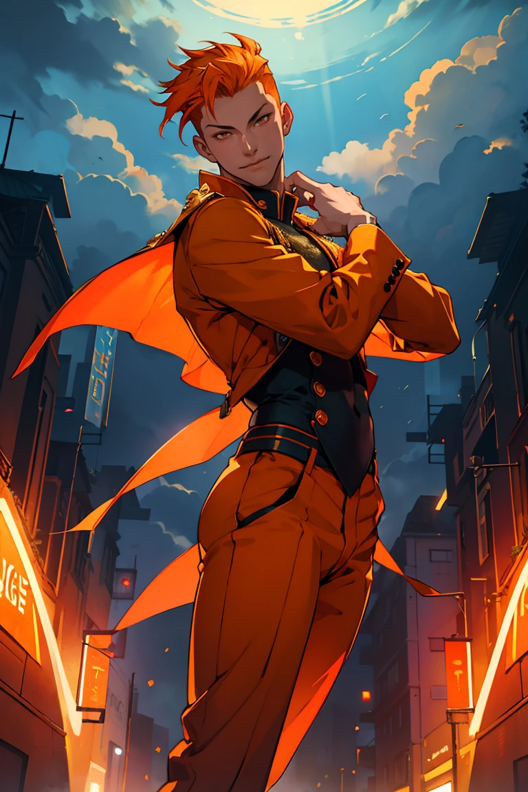 masterpiece, best quality, 1men, undercut hair, orange hair, dance in the night lights, orange eyes, heavenly clouds, prince orange suit, raytracing, dancing pose, perfect, 16K, twink.