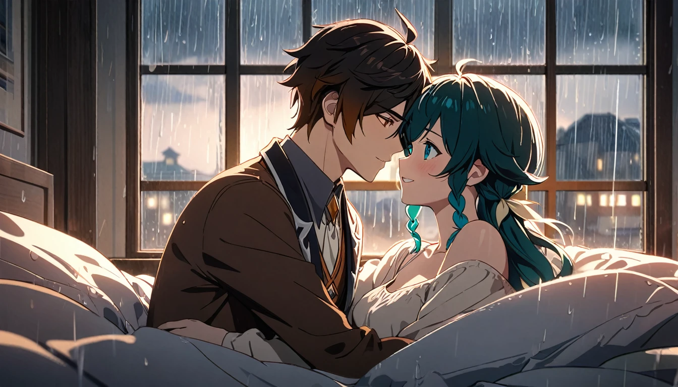 A couple embracing in bed, rain visible through a window, detailed anime style characters, happy scene, rainy window, 8k, masterpiece, dramatic lighting, romantic, intimate, emotional, soft lighting, warm tones, cozy, gentle, tender,2boys,venti,zhongli,eye contact,looking at each other,hires