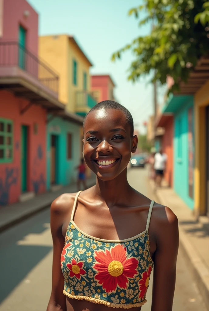 (photorealism:1.2), African woman with shaved head, smiling , 2000s Polaroid camera filter