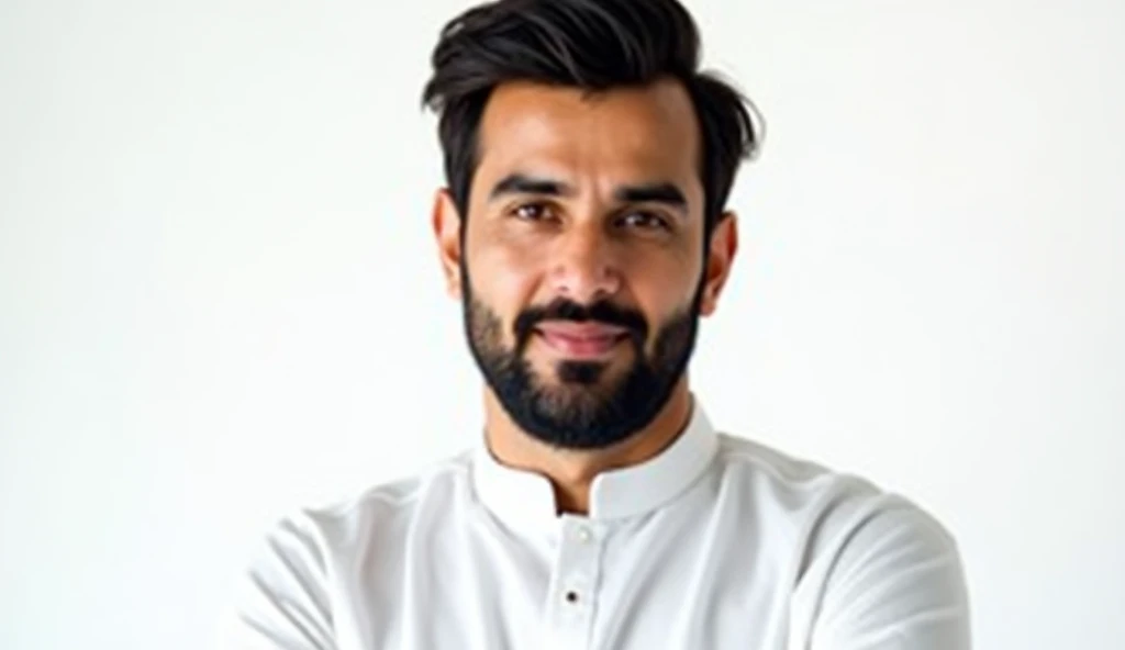 A passport size picture of Pakistani Pathan man with age of 35 to 34 with white background in shalwar qameez
