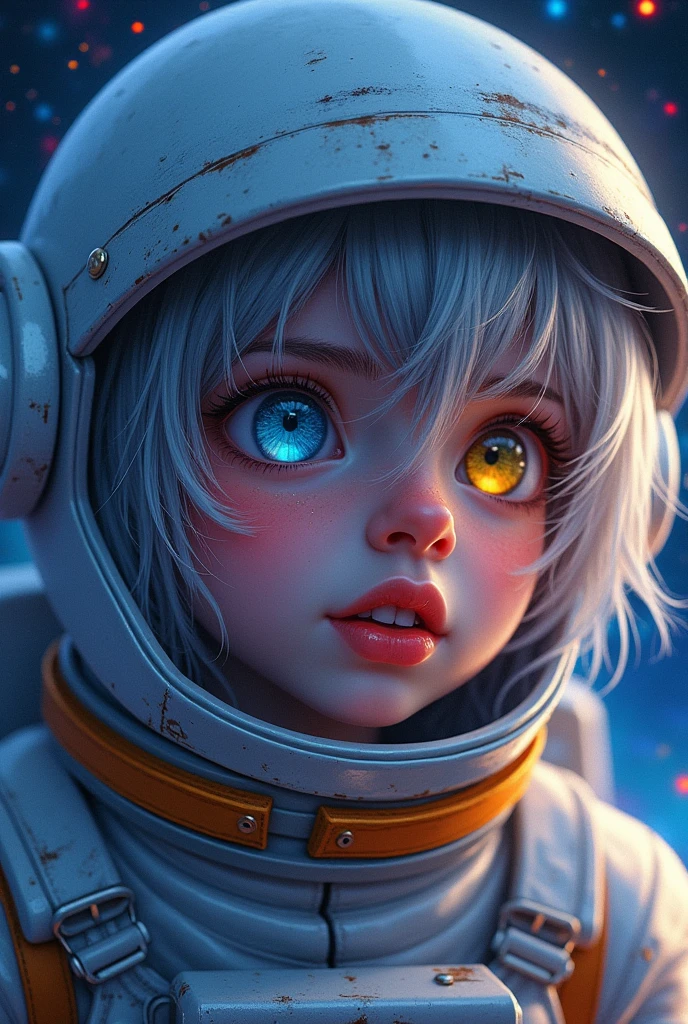 A closer look at a better masterpiece：1.5)0.9]、(Space and astronauts：1.2) (Disheveled silver hair：1.1) (Heterochromia and Yellow and Blue Eyes：1.2) (Space Helmet：1.0) (Colored stars in the eyes：1.0) (Shining Light：1.1) (Thick lips：0.9)